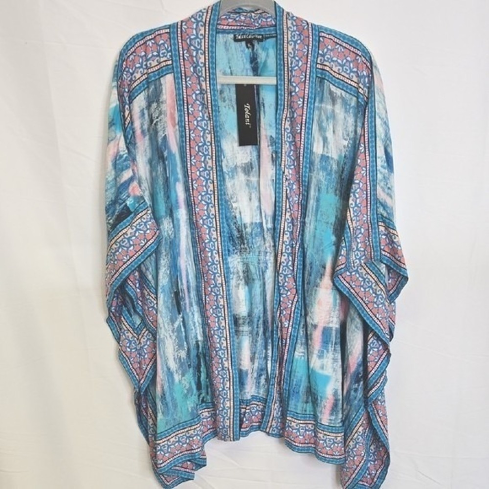 Tolani Raelyn Tie Dye Kimono Shawl Wrap Blue Pink White Boho Flowy Beachy XL NEW